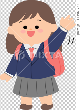 A friendly illustration of a female student in school uniform carrying a backpack and waving. Perfect for school and education themes. A friendly illustration of a female student in school uniform carrying a backpack and waving. Perfect for school and education themes. 143961737