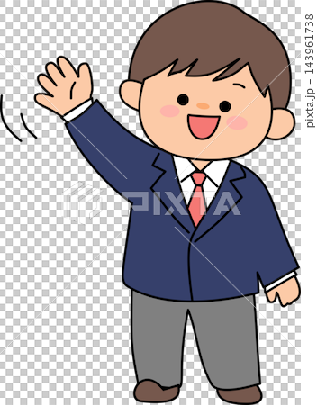 A bright illustration of a male student in uniform waving with a smile,suitable for school and academic concepts. A bright illustration of a male student in uniform waving with a smile,suitable for school and academic concepts. 143961738