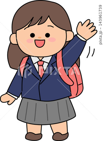 A cute illustration of a female student in school uniform with a backpack waving hello. Ideal for educational and youth themes. 143961739