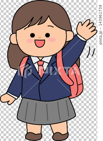 A cute illustration of a female student in school uniform with a backpack waving hello. Ideal for educational and youth themes. A cute illustration of a female student in school uniform with a backpack waving hello. Ideal for educational and youth themes. 143961739