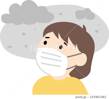 A side view illustration of a woman wearing a mask in a polluted environment,representing protection against fine dust and smog. A side view illustration of a woman wearing a mask in a polluted environment,representing protection against fine dust and smog. 143961982