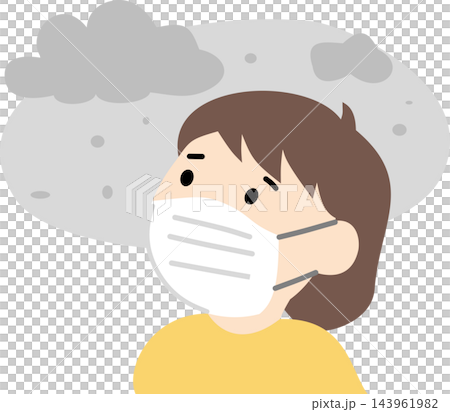 A side view illustration of a woman wearing a mask in a polluted environment,representing protection against fine dust and smog. A side view illustration of a woman wearing a mask in a polluted environment,representing protection against fine dust and smog. 143961982