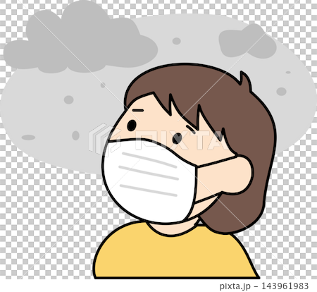 An illustration of a woman wearing a mask while observing polluted air,symbolizing environmental health and respiratory safety. An illustration of a woman wearing a mask while observing polluted air,symbolizing environmental health and respiratory safety. 143961983