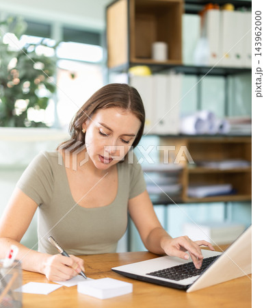 Woman in top or dress working on computer at workplace Woman in top or dress working on computer at workplace 143962000