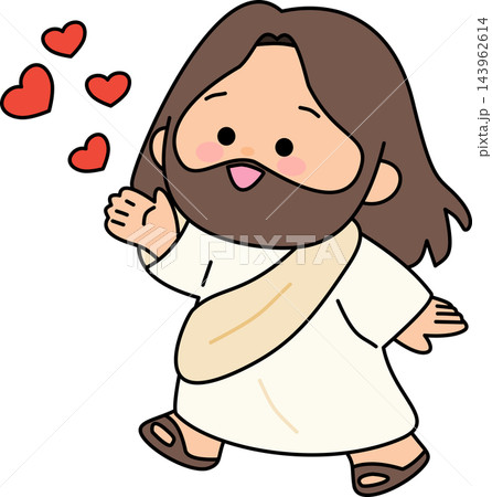 A friendly illustration of Jesus waving while small hearts float around,representing love and welcome. 143962614