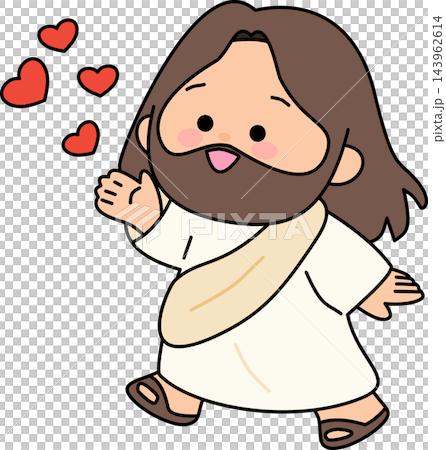 A friendly illustration of Jesus waving while small hearts float around,representing love and welcome. 143962614