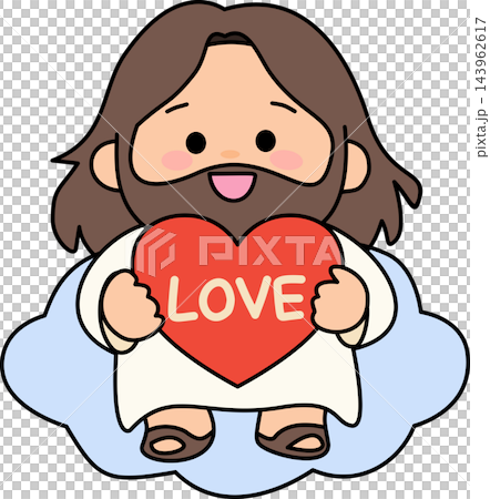 A peaceful illustration of Jesus sitting on a cloud holding a heart with the word love,symbolizing heaven and divine affection. A peaceful illustration of Jesus sitting on a cloud holding a heart with the word love,symbolizing heaven and divine affection. 143962617