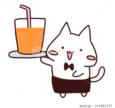 オレンジジュースをトレーで運ぶかわいいウエイトレスのキャラクター猫 143963157