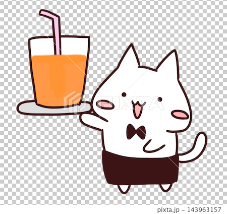オレンジジュースをトレーで運ぶかわいいウエイトレスのキャラクター猫 143963157
