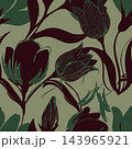 Stylized floral pattern with large burgundy blooms, muted sage background, and deep green leaf shapes in bold organic curves. Seamless decorative design for wallpaper, fabric, wrapping, and surface 143965921