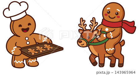 Cute cartoon gingerbread men characters celebrating christmas with baking cookies and riding a festive reindeer in winter season 143965964