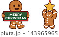 Cute cartoon gingerbread man characters holding a merry christmas sign and a yellow star for holiday season decorations Cute cartoon gingerbread man characters holding a merry christmas sign and a yellow star for holiday season decorations 143965965
