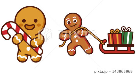 Cute cartoon gingerbread men characters holding a candy cane and pulling a sleigh with christmas gifts isolated on white Cute cartoon gingerbread men characters holding a candy cane and pulling a sleigh with christmas gifts isolated on white 143965969