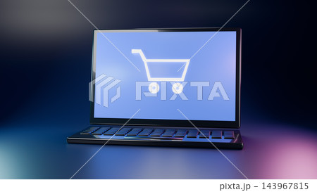 3D render of laptop with glowing shopping cart icon on blue screen on dark background, online shopping concept 3D render of laptop with glowing shopping cart icon on blue screen on dark background, online shopping concept 143967815