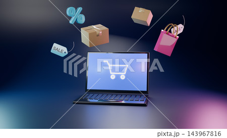 3D render of laptop with shopping cart icon on screen surrounded by sale tags boxes and bag, ecommerce concept 143967816
