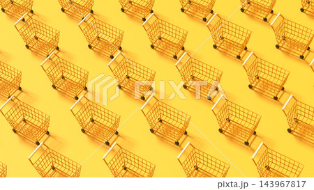 3D render of multiple yellow empty shopping carts repeating pattern on yellow background, retail ecommerce concept 143967817