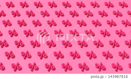 3D render of multiple glossy pink percent signs repeating pattern on pink background, sale discount retail concept 3D render of multiple glossy pink percent signs repeating pattern on pink background, sale discount retail concept 143967818