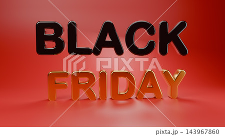 3D render of glossy black and golden Black Friday text on red background, retail sale promotion concept 143967860