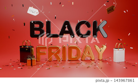 3D render of glossy Black Friday text with shopping bags gifts sale tags and confetti on red background 3D render of glossy Black Friday text with shopping bags gifts sale tags and confetti on red background 143967861