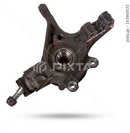 A close-up of a worn metal wheel hub with oil and rust elements on a white background. Seasonal undercarriage repair and replacement of brake system parts in a workshop. 143969572
