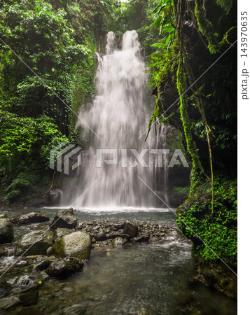 Beautiful tropical waterfall flowing through lush green cliffs covered with dense vegetation. Crystal clear water cascades into a natural stream surrounded by vibrant rainforest foliage, creating a 143970635