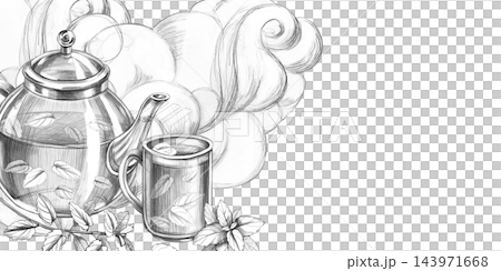 A sketch of a tea arrangement set against swirling clouds of steam. This pencil illustration is designed for use by tea shops, herbal apothecaries,food blogs, rural guesthouses, eco-friendly cafes. A sketch of a tea arrangement set against swirling clouds of steam. This pencil illustration is designed for use by tea shops, herbal apothecaries,food blogs, rural guesthouses, eco-friendly cafes. 143971668