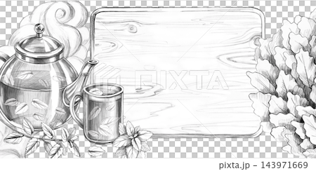 A sketch of a tea arrangement set against a board with space for text. Suitable for tea shops, herbal apothecaries,food blogs, catering services, tableware boutiques, rural guesthouses,eco-cafes. A sketch of a tea arrangement set against a board with space for text. Suitable for tea shops, herbal apothecaries,food blogs, catering services, tableware boutiques, rural guesthouses,eco-cafes. 143971669