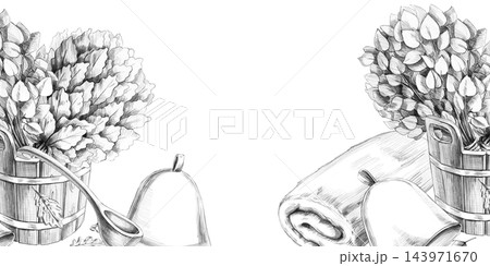 A rectangular frame featuring illustrations of bath brooms in a tub, a towel,sauna hats. This pencil drawing is suitable for materials related to saunas,spas, as well as for the design of invitations. 143971670