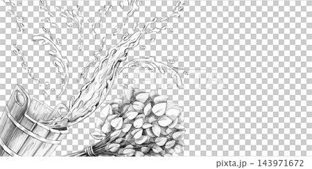 Dynamic splashes flying from a bucket, framed within a rectangular border. This pencil illustration is suited for bath complexes, spa centers, massage studios, manufacturers of natural cosmetics. 143971672
