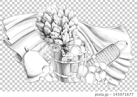 A detailed pencil sketch of bath accessories. Perfectly suited for design use in spas, bath complexes, wellness resorts, fitness clubs, and shops selling eco-friendly products. 143971677