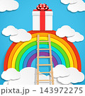 A staircase into the sky toward a rainbow with a gift waiting at the top 143972275