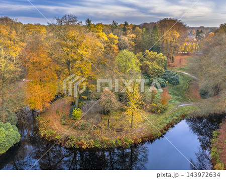 Aerial View of Autumn Colours in Landgoed de Braak, Paterswolde, Netherlands 143972634