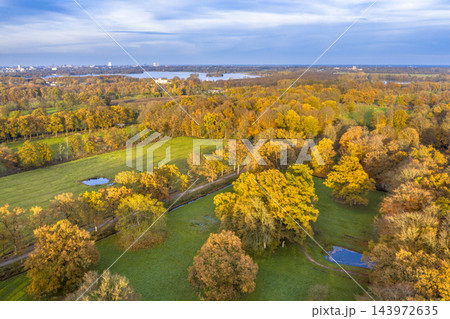 Aerial View of Autumn Colours in Landgoed de Braak, Paterswolde, Netherlands 143972635