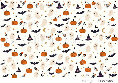 Cute Halloween seamless pattern with pumpkins, ghosts and bats vector design    143973051