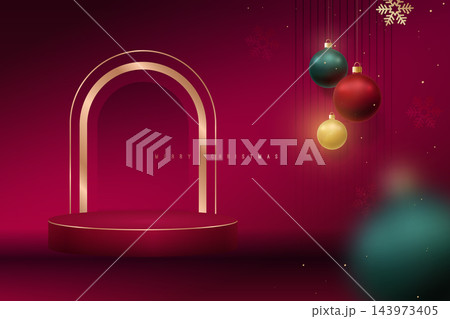 Elegant arch in rich dark red backdrop with colorful ornaments creating festive vibe Elegant arch in rich dark red backdrop with colorful ornaments creating festive vibe 143973405
