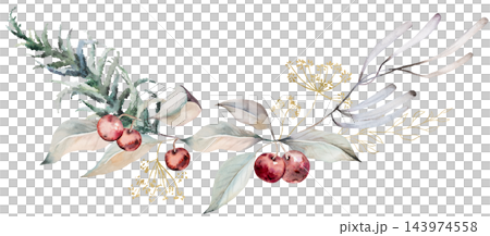 Watercolor Christmas bouquet with winter berries and leaves. Botanical isolated illustration Watercolor Christmas bouquet with winter berries and leaves. Botanical isolated illustration 143974558