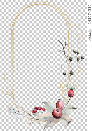 Watercolor Christmas frame with winter berries, leaves and branches. Botanical isolated illustration Watercolor Christmas frame with winter berries, leaves and branches. Botanical isolated illustration 143974559