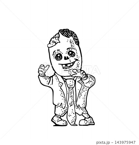 Cute cartoon zombie or skeleton businessman in a suit waving hello engraving vintage illustration 143975947