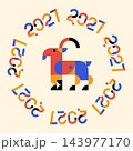 Modern geometric illustration of a stylized goat surrounded by the year 2021 in a circular pattern 143977170