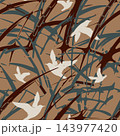 Abstract botanical pattern with bamboo stems, bird silhouettes, and sweeping leaf shapes in earthy brown, teal, cream, and dark burgundy tones for decorative wallpaper, textile, wrapping paper 143977420
