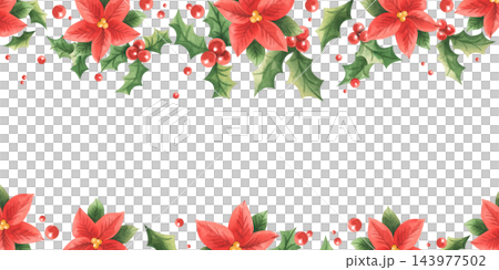 Red poinsettia flowers with holly leaves and berries. Hand-painted watercolor illustration. Horizontal, rectangular Christmas and New Year frame, template for text. Elements for framing. Red poinsettia flowers with holly leaves and berries. Hand-painted watercolor illustration. Horizontal, rectangular Christmas and New Year frame, template for text. Elements for framing. 143977502