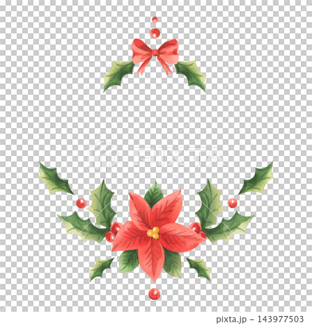 Red poinsettia flowers with holly leaves and berries. Hand-painted watercolor illustration. Christmas and New Year frame, wreath, and template for text. Design elements for framing. Red poinsettia flowers with holly leaves and berries. Hand-painted watercolor illustration. Christmas and New Year frame, wreath, and template for text. Design elements for framing. 143977503