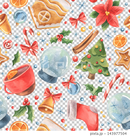 Watercolor Christmas elements with decorated tree, ornaments, gingerbread and festive treats. Holiday seamless pattern. Hand painted winter celebration. Seasonal illustration for greeting design. Watercolor Christmas elements with decorated tree, ornaments, gingerbread and festive treats. Holiday seamless pattern. Hand painted winter celebration. Seasonal illustration for greeting design. 143977504