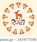Modern geometric illustration of a stylized goat and year 2027 in a circular pattern 143977598