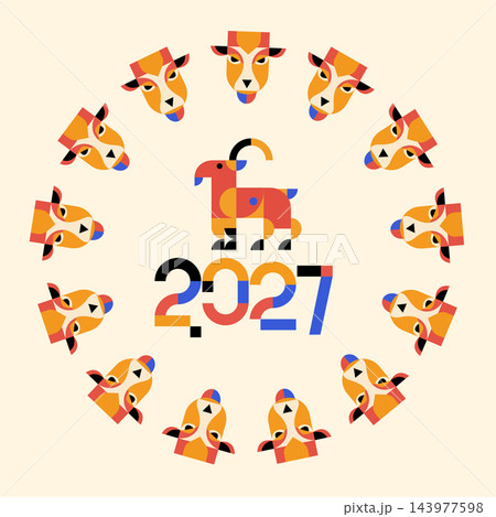 Modern geometric illustration of a stylized goat and year 2027 in a circular pattern 143977598