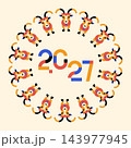 Modern geometric illustration of the year 2027 surrounded by stylized goats in a circular pattern 143977945