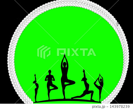 Yoga Silhouettes in Green Circle Frame with Rope Border Illustration Yoga Silhouettes in Green Circle Frame with Rope Border Illustration 143978239