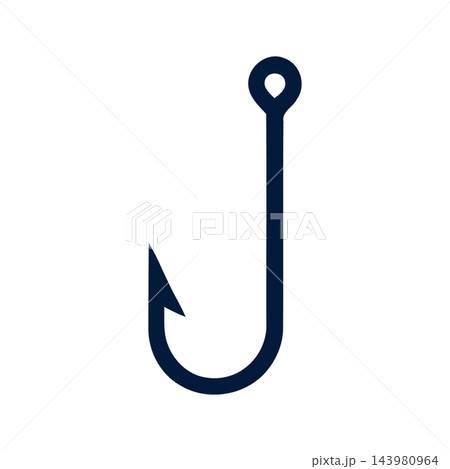 A clean, minimalist vector graphic of a single dark blue fishing hook isolated on a white background. A clean, minimalist vector graphic of a single dark blue fishing hook isolated on a white background. 143980964