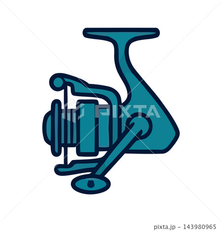 Simple teal graphic illustration of a spinning fishing reel, representing angling and outdoor recreation. 143980965