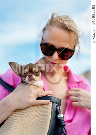 Woman wearing sunglasses and carrying a tiny Chihuahua dog inside a straw handbag outdoors against the sky 143983392